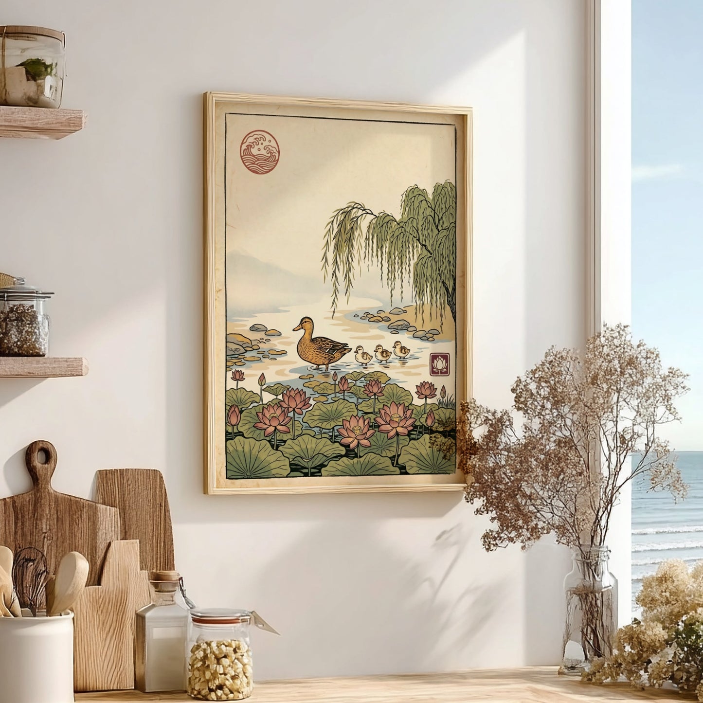 Japanese art style poster featuring a duck and lotus flowers in a serene pond