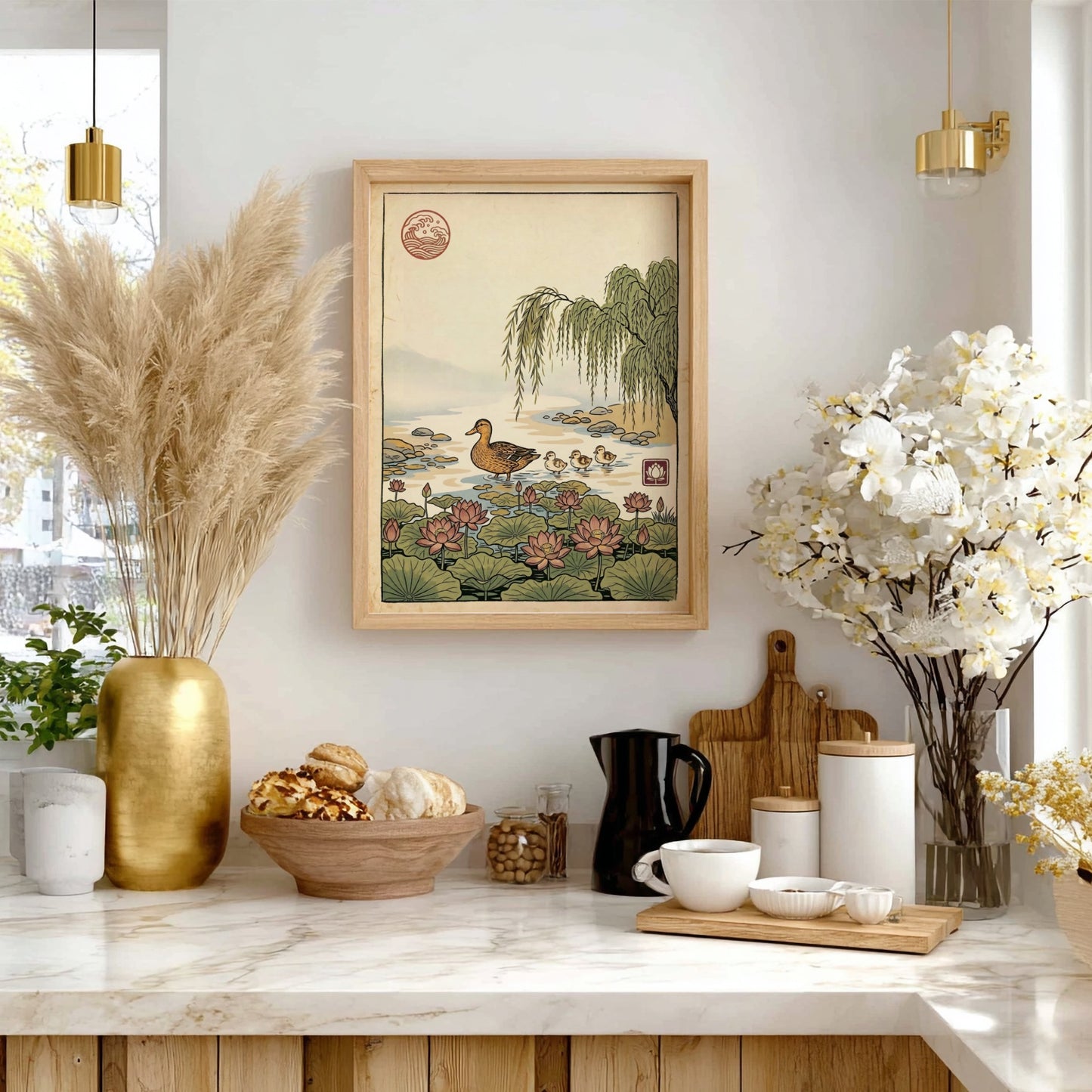 Japanese art style poster featuring a duck and lotus flowers in a serene pond