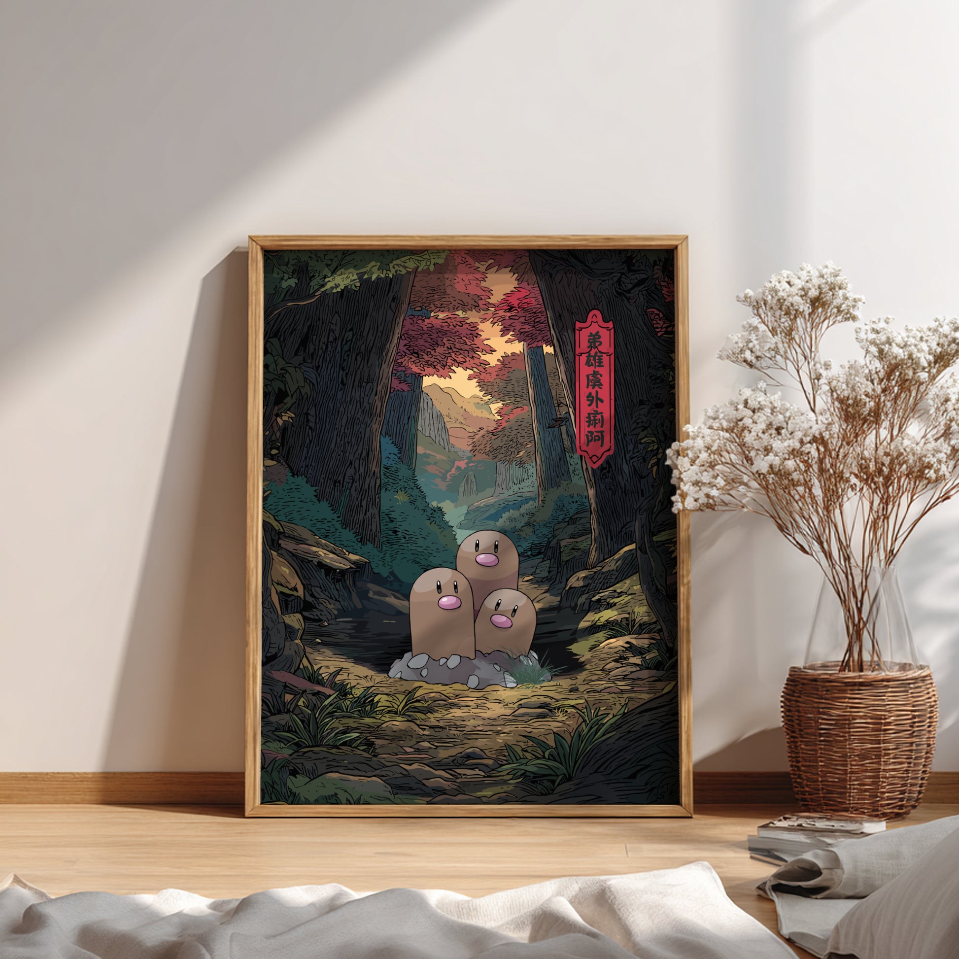 Framed artwork of Dugtrio Pokemon characters in a natural setting on a wall.