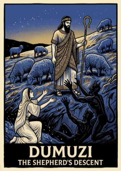 Dumuzi The Shepherd's Descent poster featuring a shepherd, sheep, and spirits in blue.