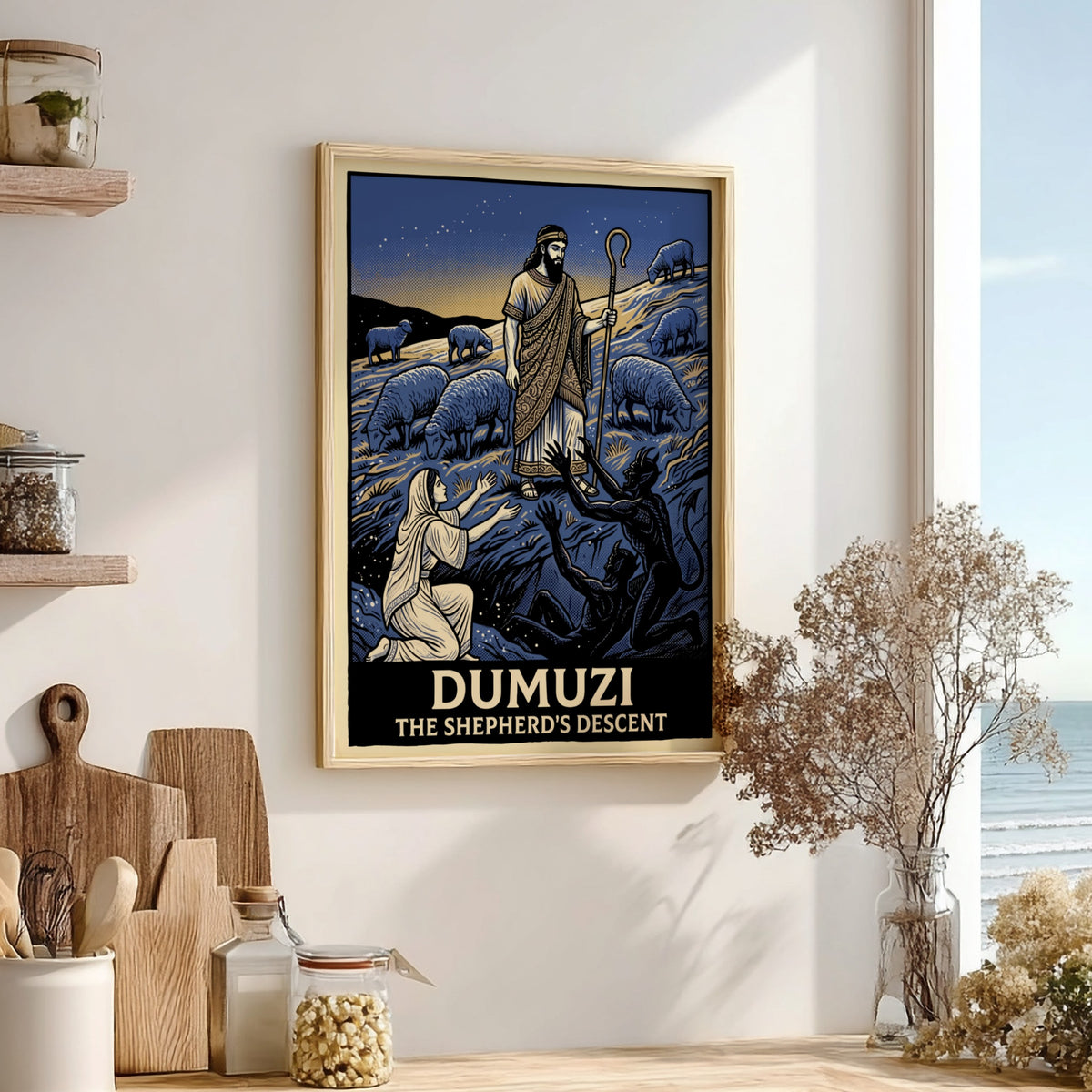 Dumuzi The Shepherd's Descent poster featuring a shepherd, sheep, and spirits in blue.