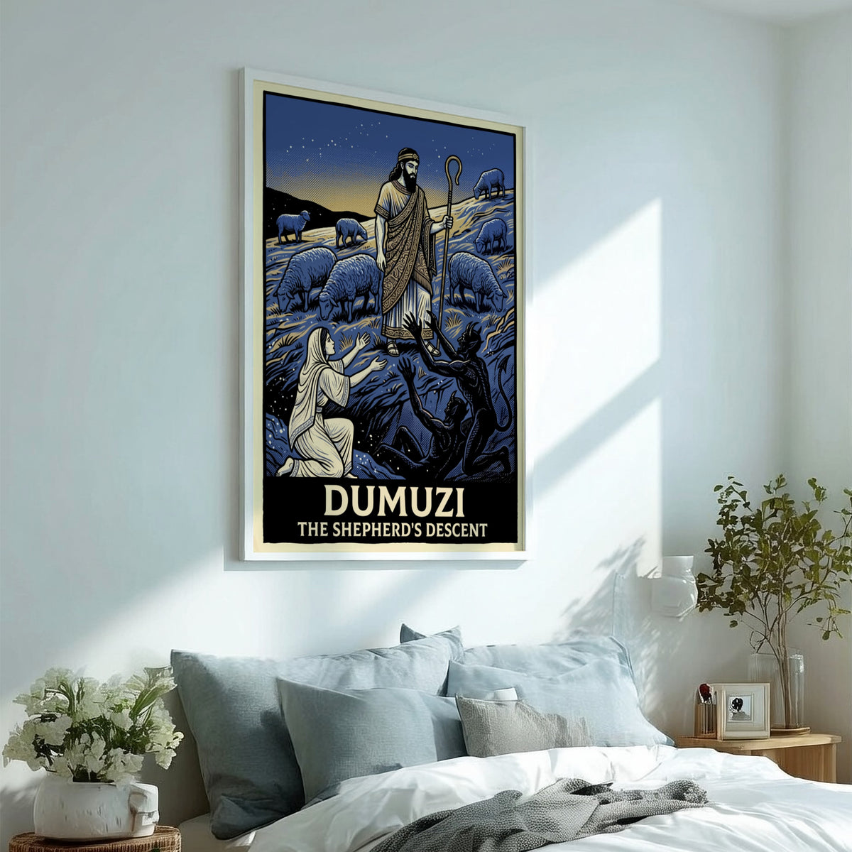 Dumuzi The Shepherd's Descent poster featuring a shepherd, sheep, and spirits in blue.