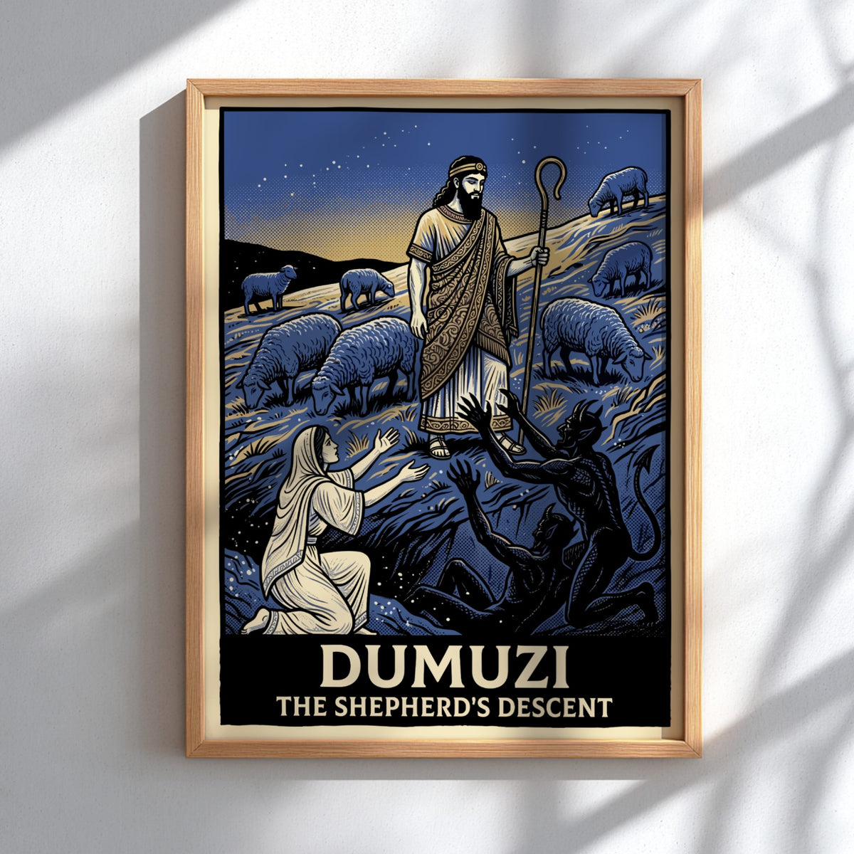 Dumuzi The Shepherd's Descent poster featuring a shepherd, sheep, and spirits in blue.