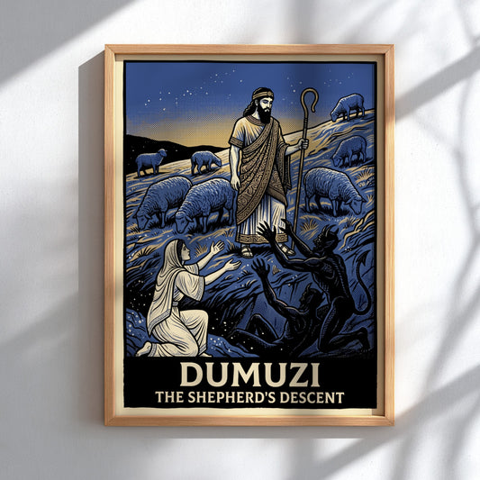 Dumuzi The Shepherd's Descent poster featuring a shepherd, sheep, and spirits in blue.