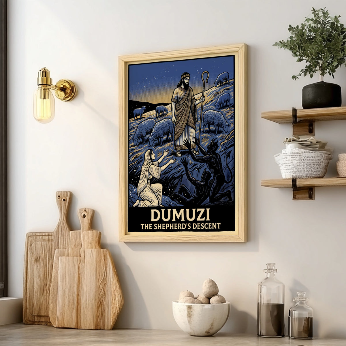 Dumuzi The Shepherd's Descent poster featuring a shepherd, sheep, and spirits in blue.