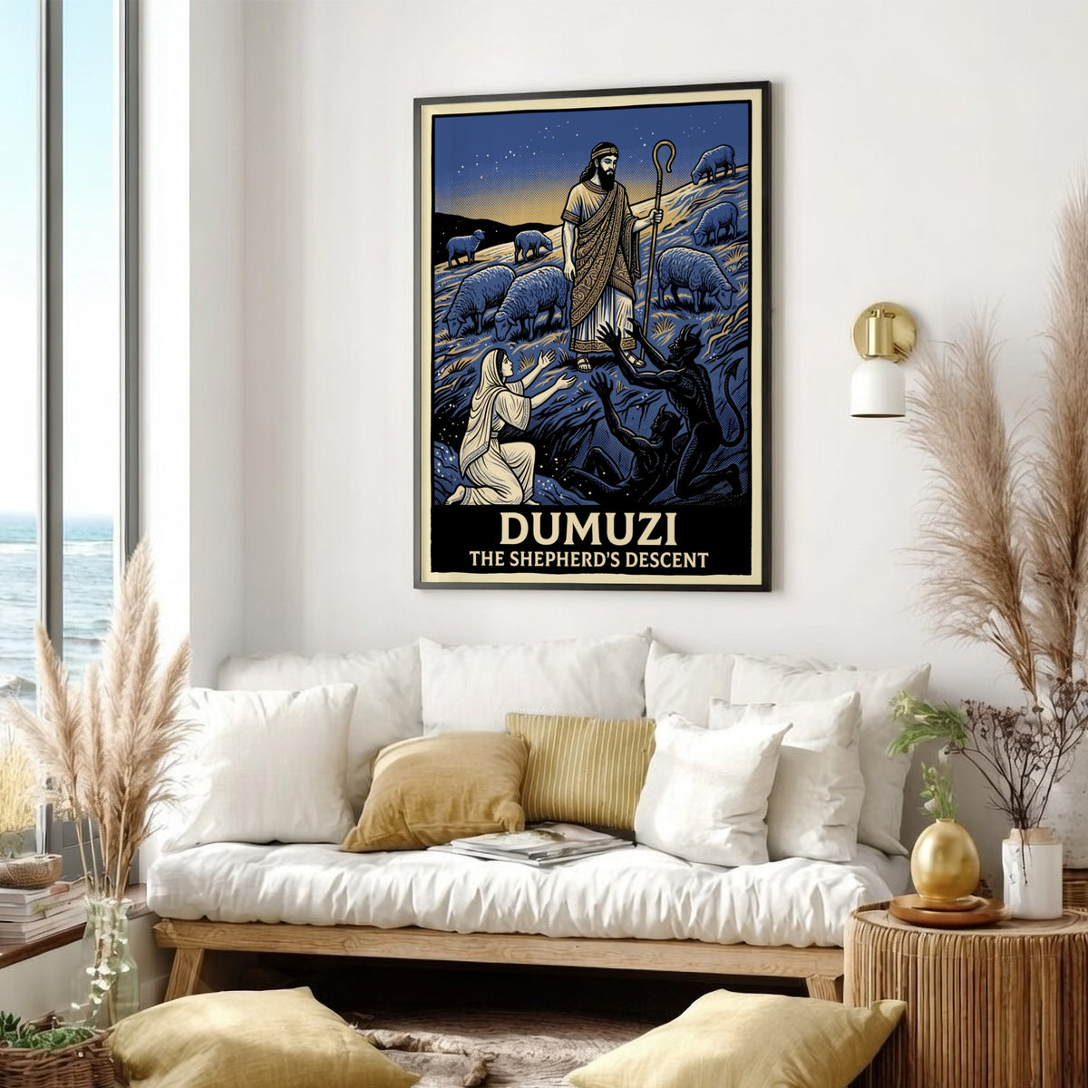 Dumuzi The Shepherd's Descent poster featuring a shepherd, sheep, and spirits in blue.