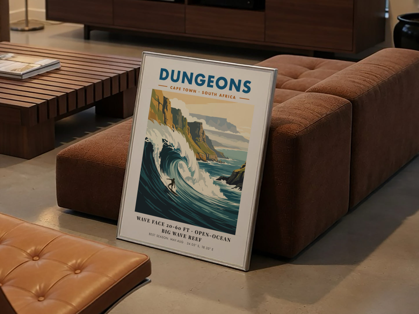 Vintage surf poster of Dungeons in Cape Town featuring a massive wave and cliffs