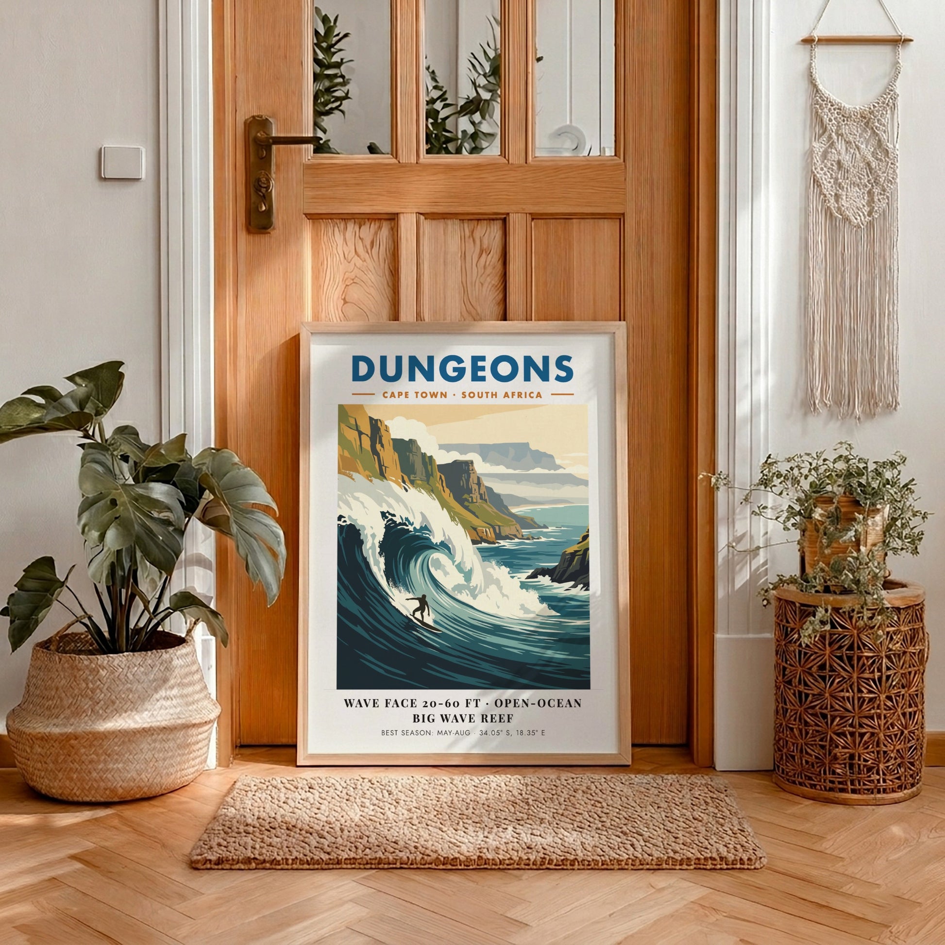 Vintage surf poster of Dungeons in Cape Town featuring a massive wave and cliffs