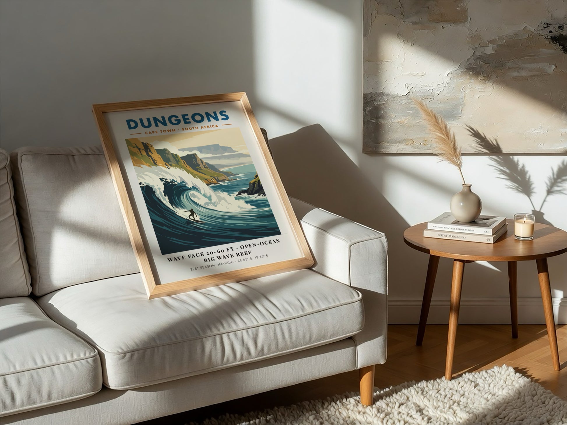 Vintage surf poster of Dungeons in Cape Town featuring a massive wave and cliffs