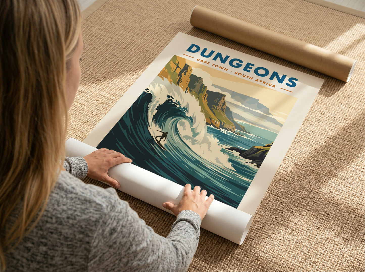 Vintage surf poster of Dungeons in Cape Town featuring a massive wave and cliffs