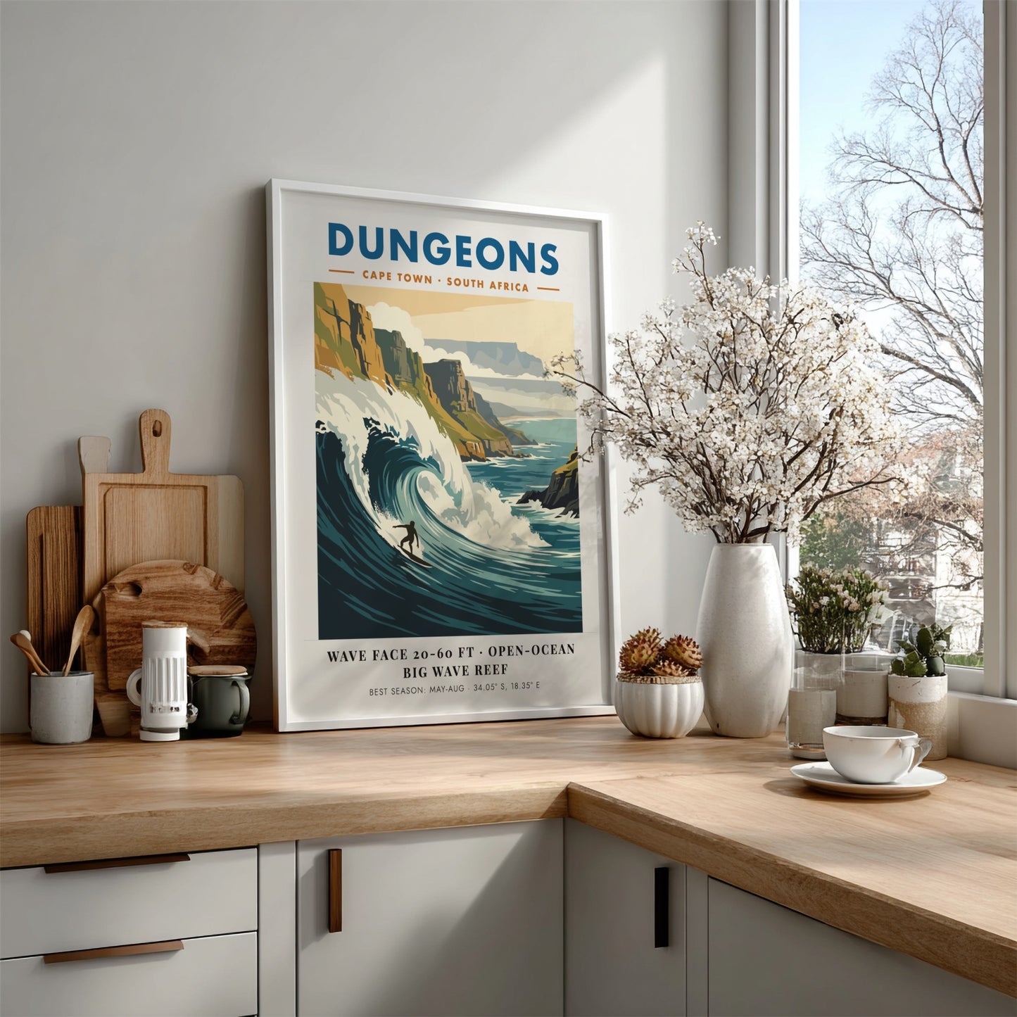 Vintage surf poster of Dungeons in Cape Town featuring a massive wave and cliffs