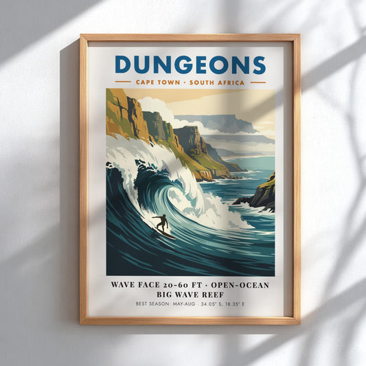 Vintage surf poster of Dungeons in Cape Town featuring a massive wave and cliffs