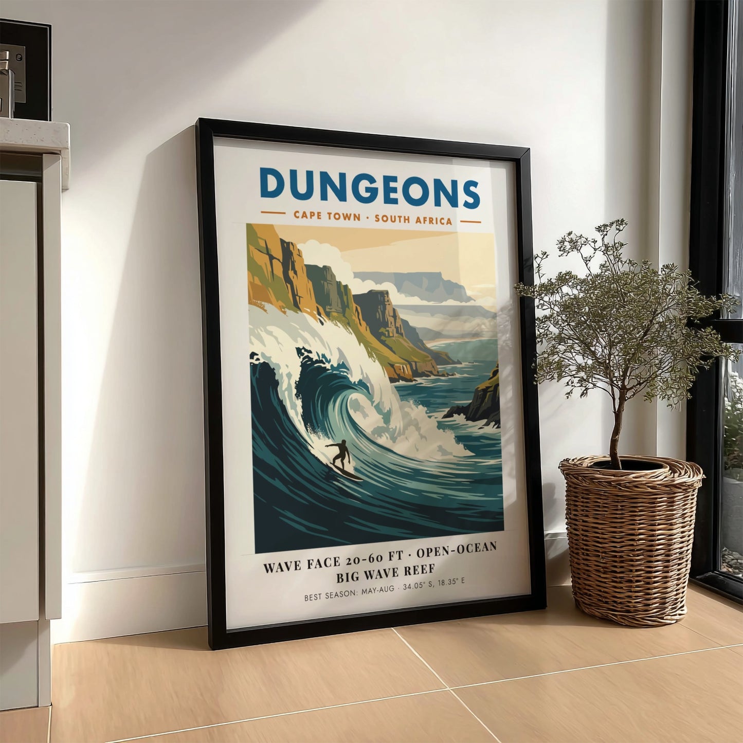 Vintage surf poster of Dungeons in Cape Town featuring a massive wave and cliffs