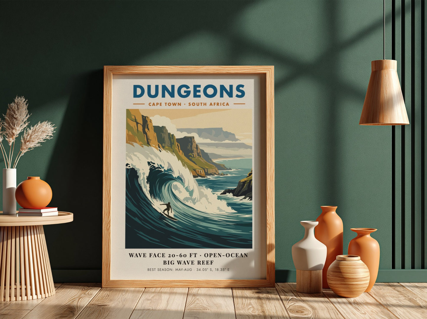 Vintage surf poster of Dungeons in Cape Town featuring a massive wave and cliffs