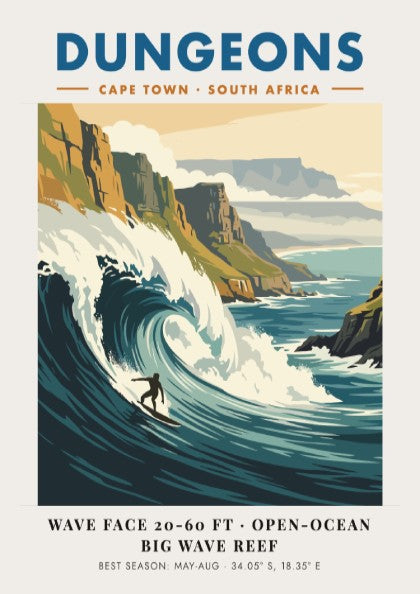 Vintage surf poster of Dungeons in Cape Town featuring a massive wave and cliffs