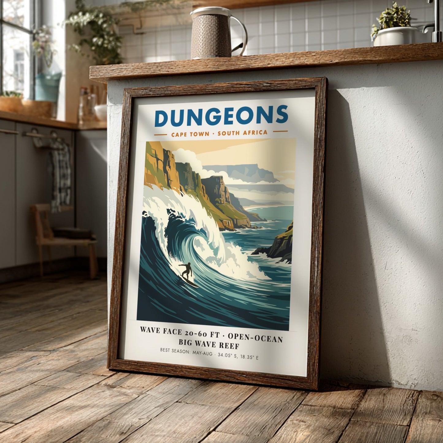 Vintage surf poster of Dungeons in Cape Town featuring a massive wave and cliffs