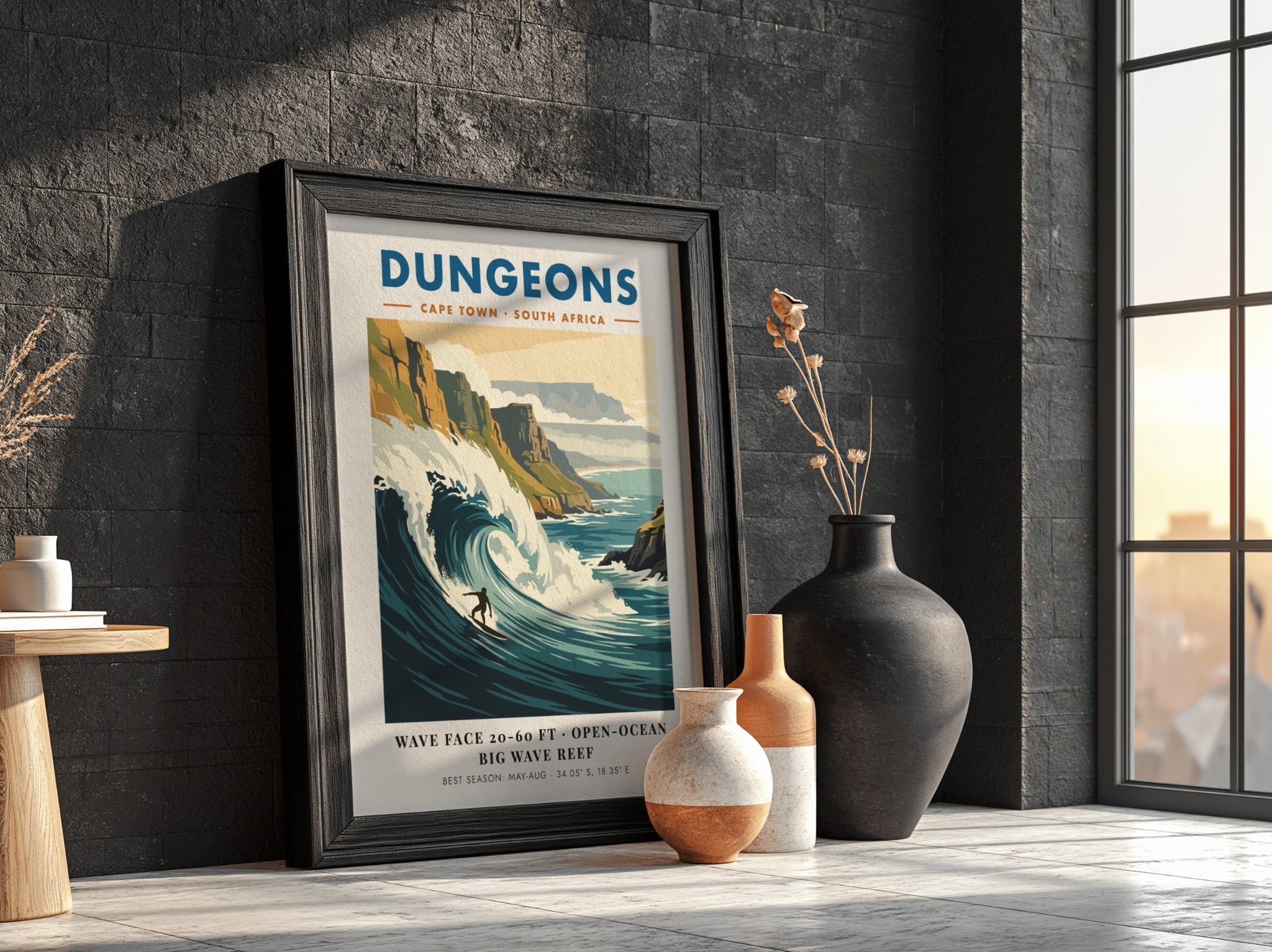 Vintage surf poster of Dungeons in Cape Town featuring a massive wave and cliffs