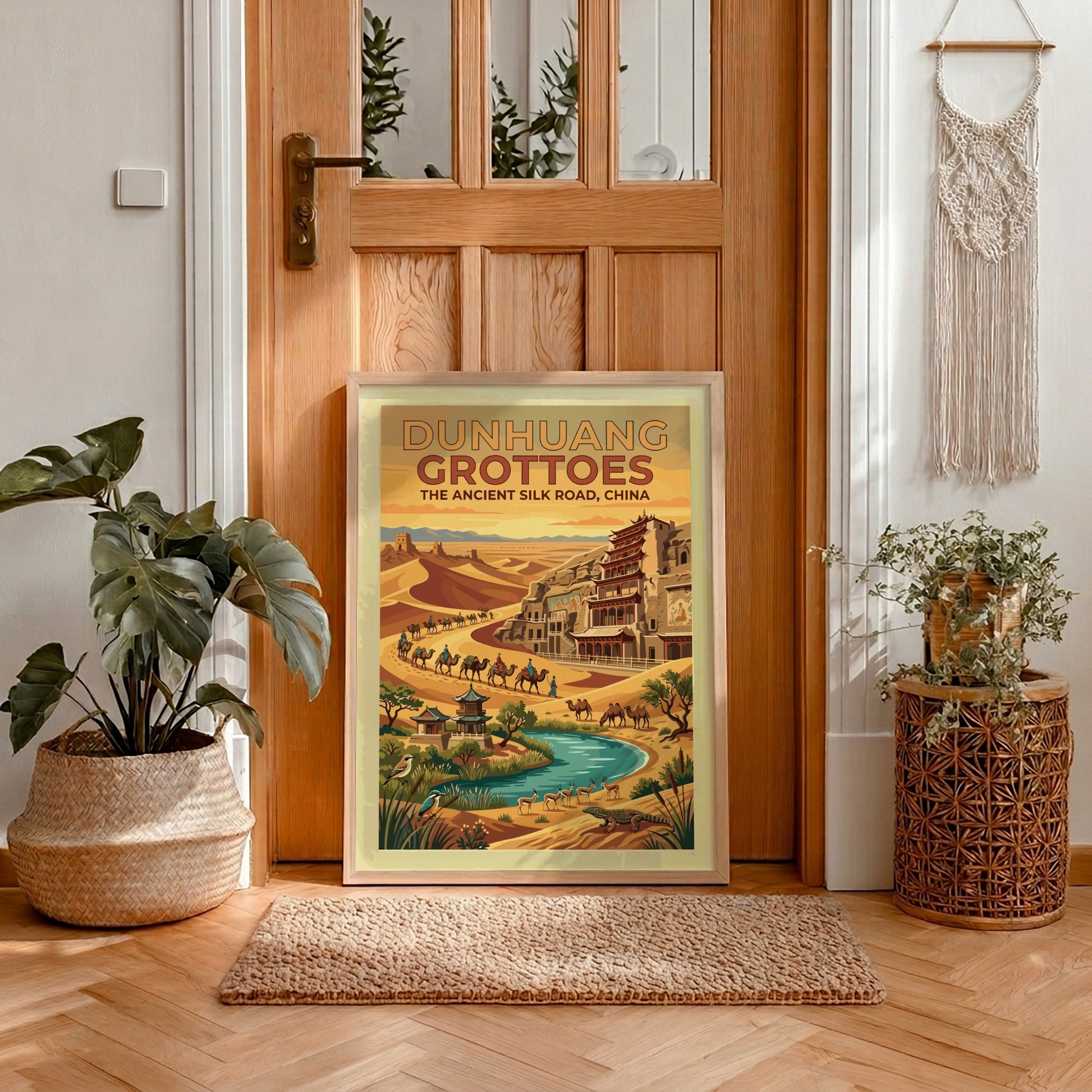 Travel poster featuring Dunhuang Grottoes on the ancient Silk Road with desert dunes camels