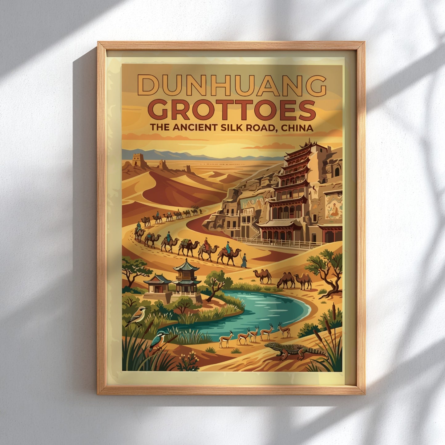 Travel poster featuring Dunhuang Grottoes on the ancient Silk Road with desert dunes camels