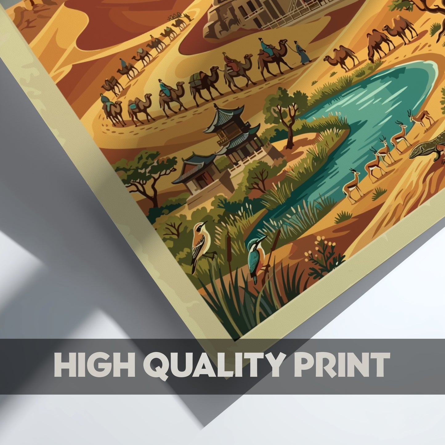 Travel poster featuring Dunhuang Grottoes on the ancient Silk Road with desert dunes camels