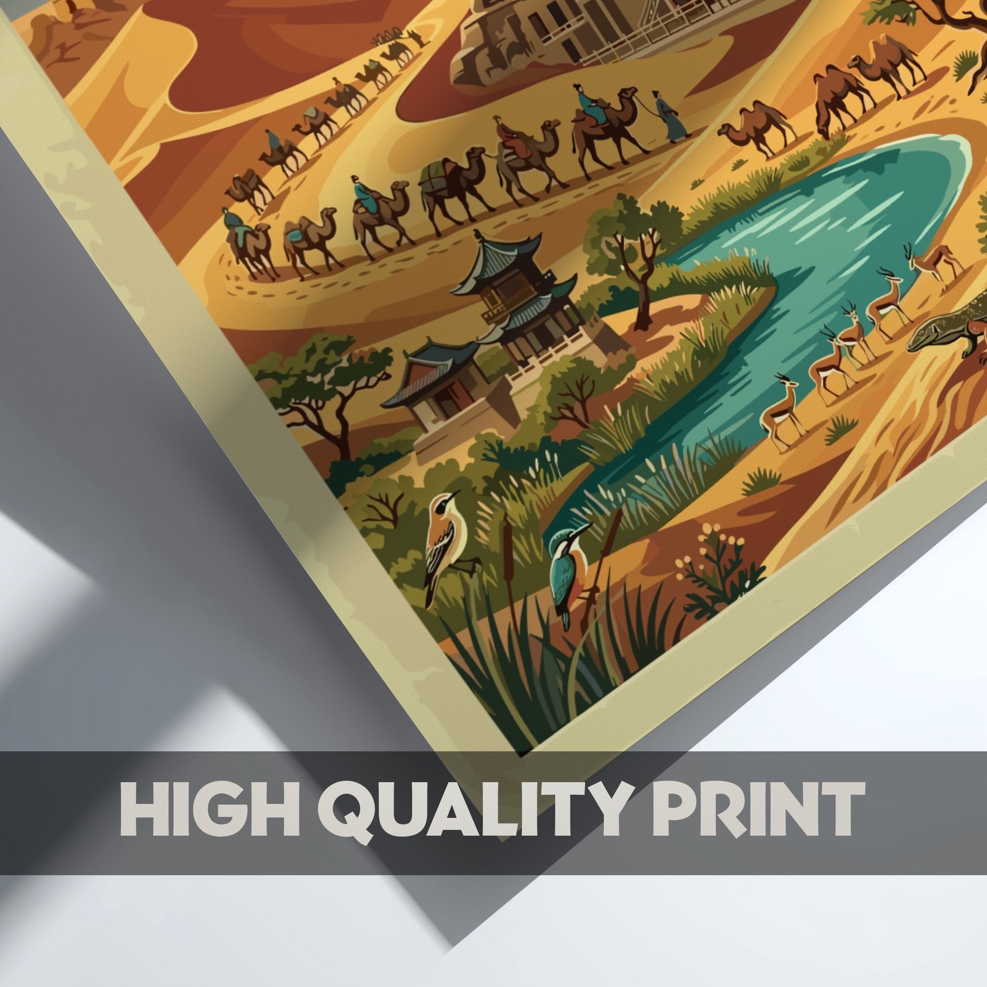 Travel poster featuring Dunhuang Grottoes on the ancient Silk Road with desert dunes camels
