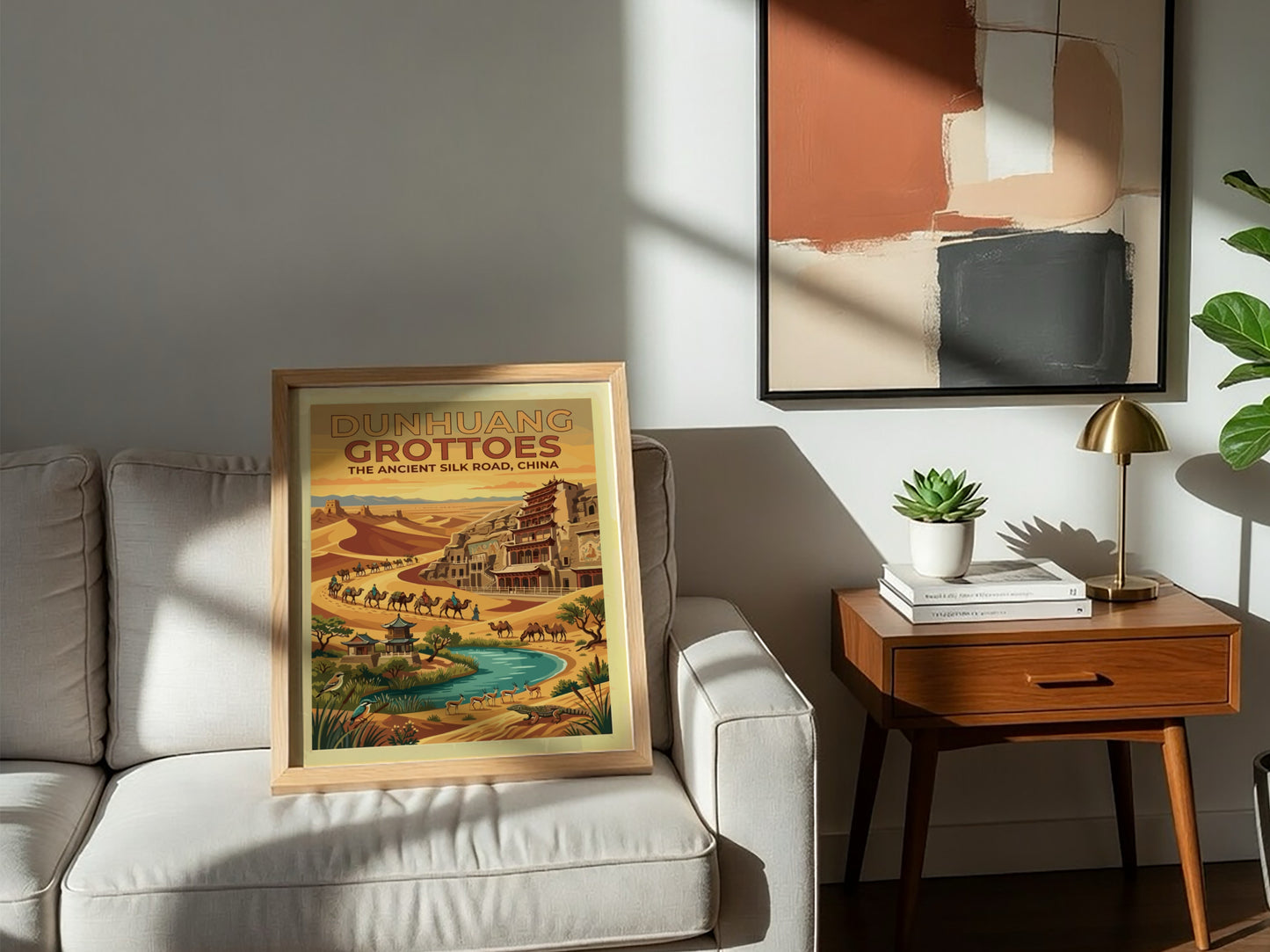 Travel poster featuring Dunhuang Grottoes on the ancient Silk Road with desert dunes camels