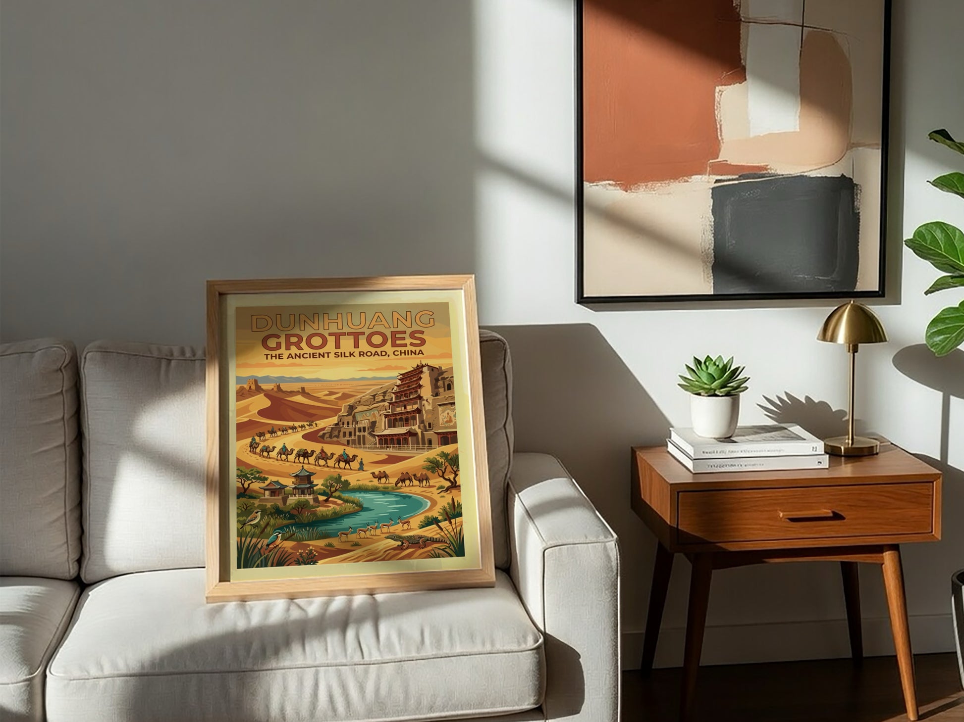 Travel poster featuring Dunhuang Grottoes on the ancient Silk Road with desert dunes camels