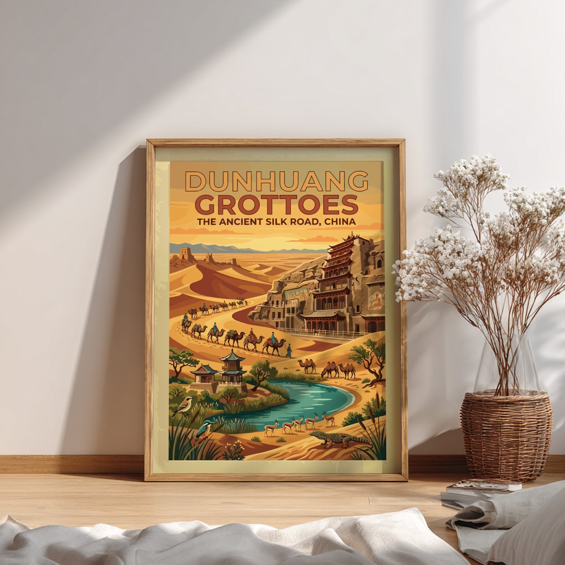 Travel poster featuring Dunhuang Grottoes on the ancient Silk Road with desert dunes camels