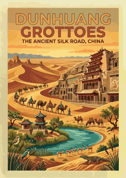Travel poster featuring Dunhuang Grottoes on the ancient Silk Road with desert dunes camels