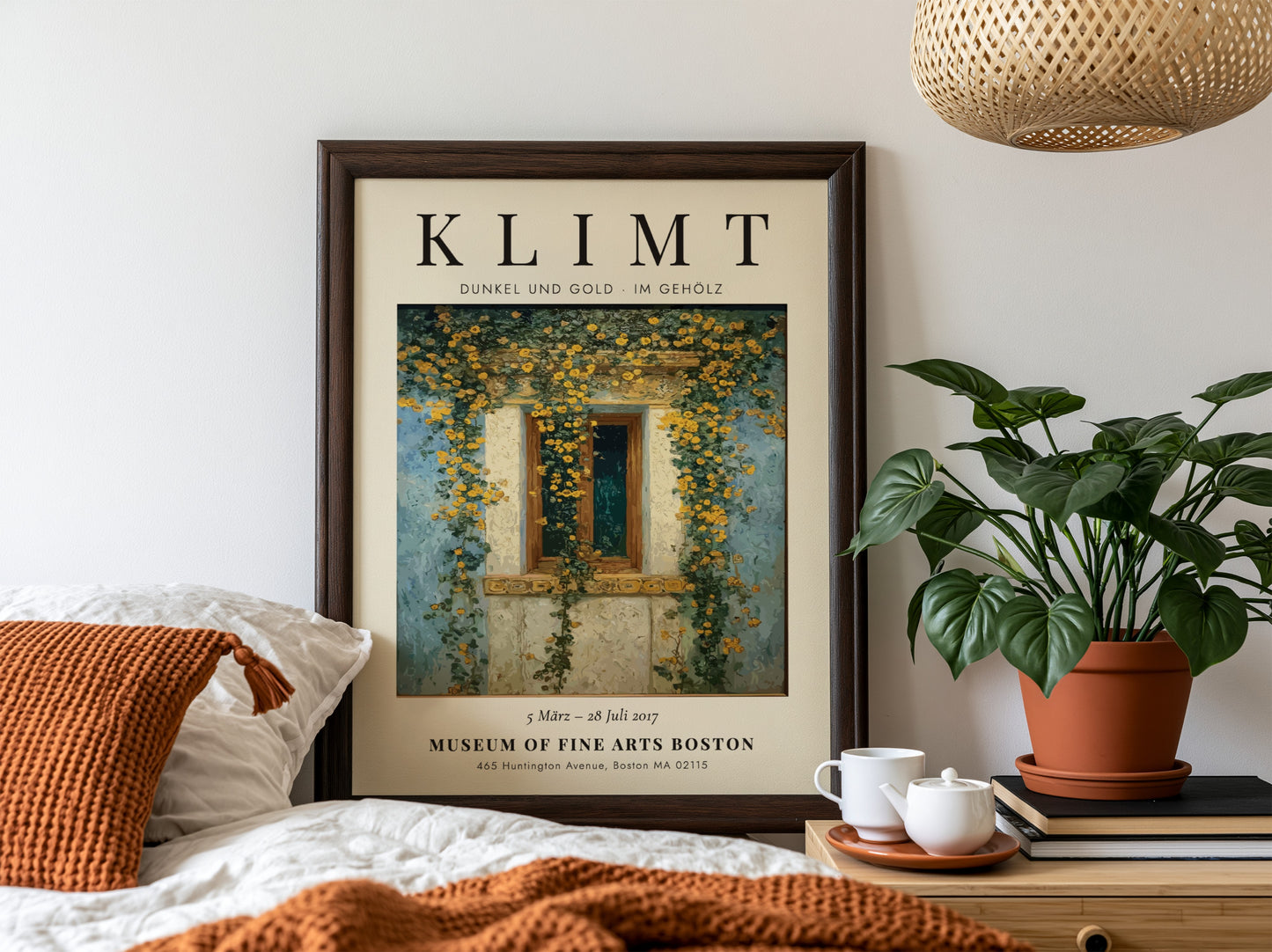 Dunkel und Gold poster featuring a window with yellow flowers, inspired by Gustav Klimt's style