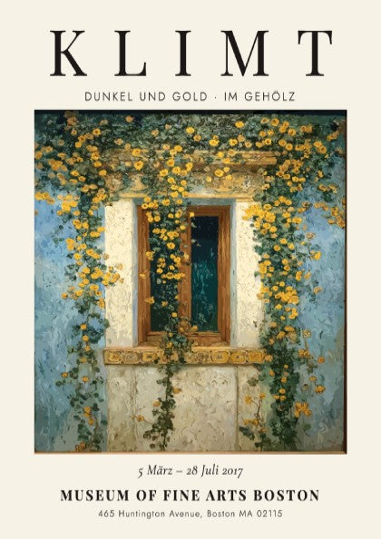 Dunkel und Gold poster featuring a window with yellow flowers, inspired by Gustav Klimt's style