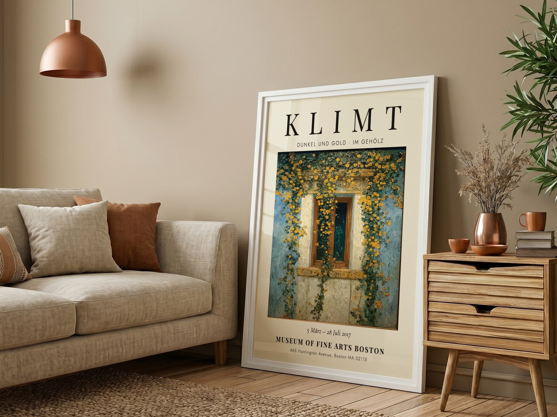 Dunkel und Gold poster featuring a window with yellow flowers, inspired by Gustav Klimt's style