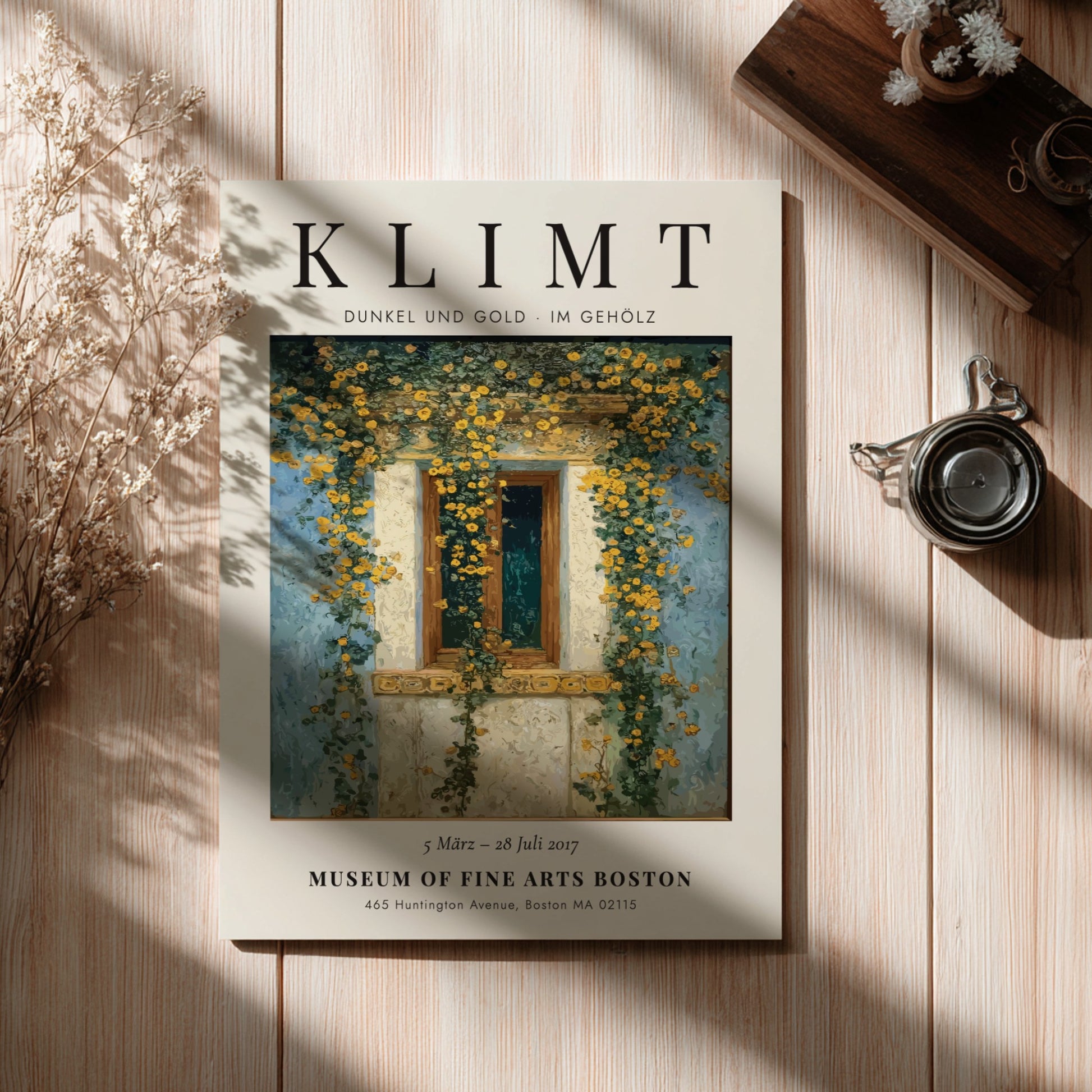 Dunkel und Gold poster featuring a window with yellow flowers, inspired by Gustav Klimt's style