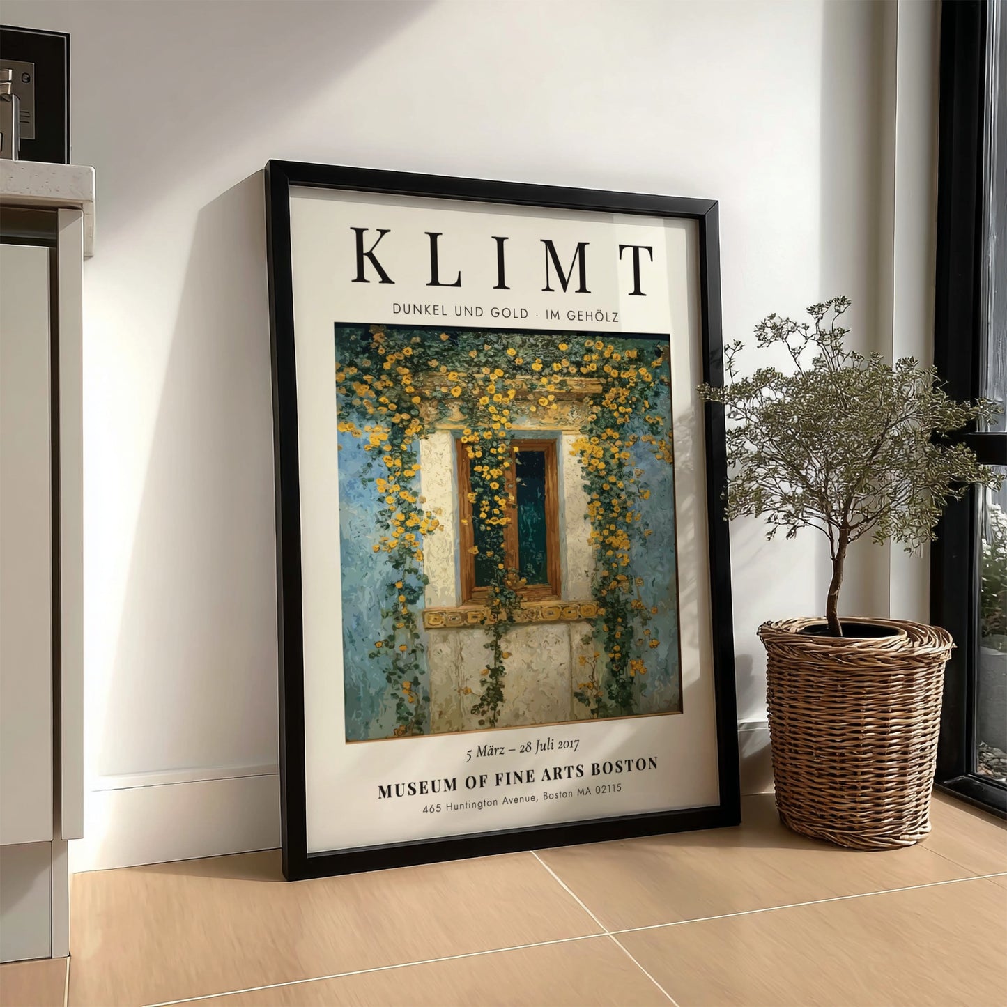 Dunkel und Gold poster featuring a window with yellow flowers, inspired by Gustav Klimt's style