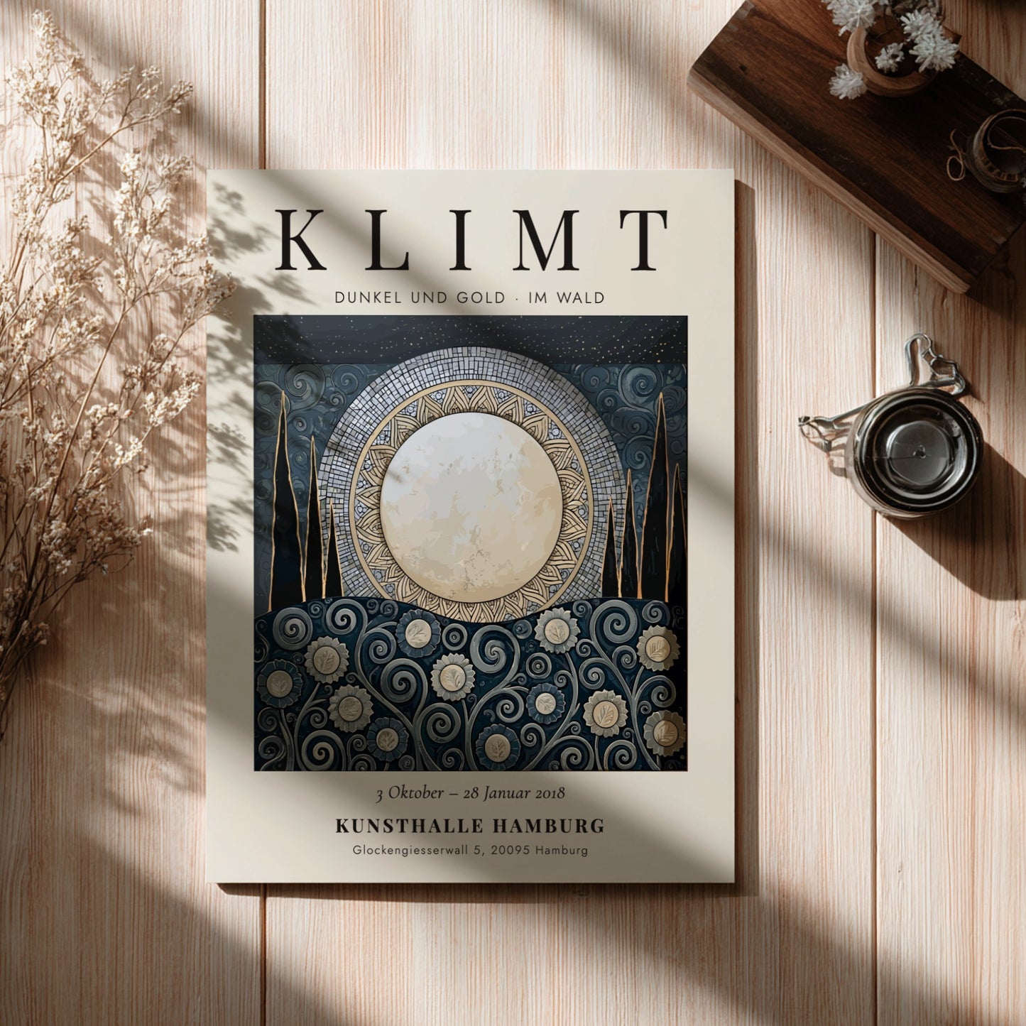 Dunkel und Gold poster featuring moonlit scene with floral patterns in gold and dark colors, inspired by