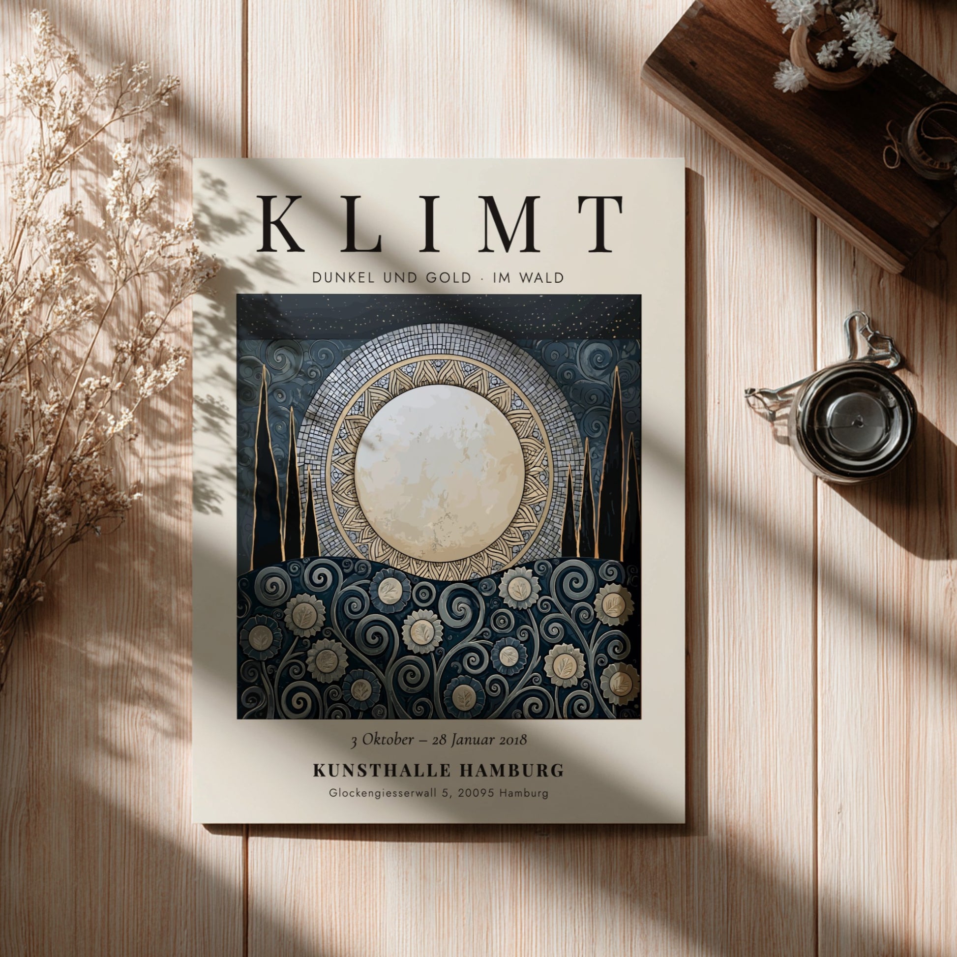 Dunkel und Gold poster featuring moonlit scene with floral patterns in gold and dark colors, inspired by