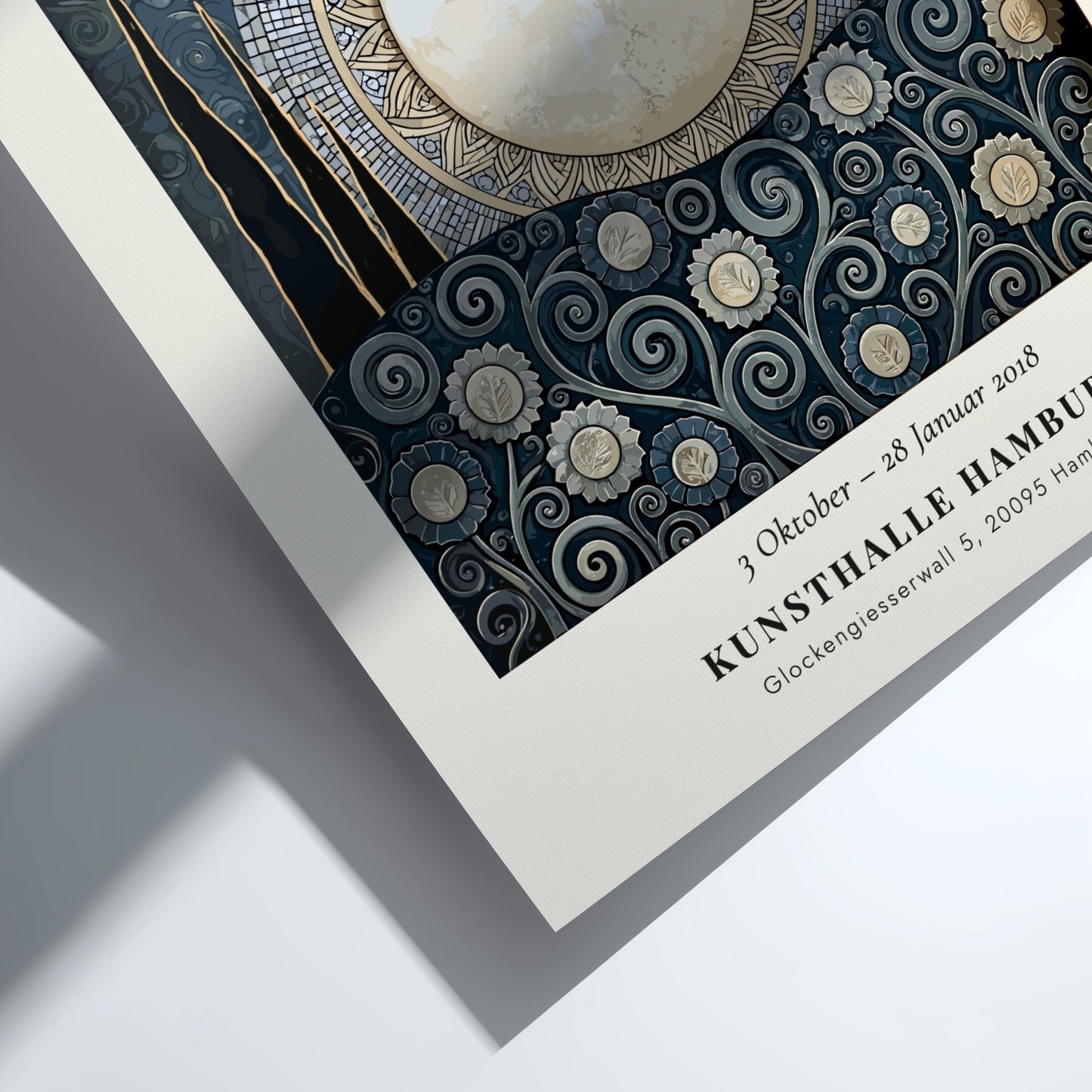 Dunkel und Gold poster featuring moonlit scene with floral patterns in gold and dark colors, inspired by