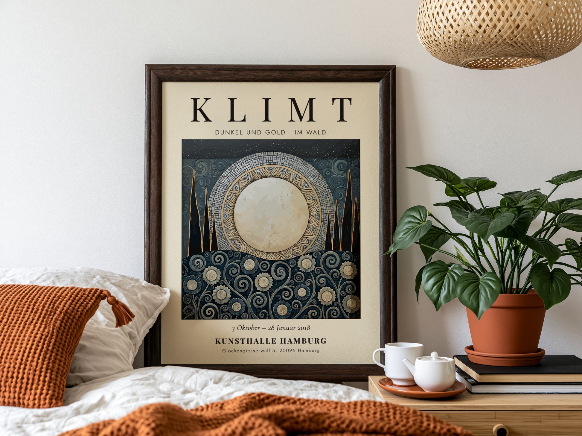 Dunkel und Gold poster featuring moonlit scene with floral patterns in gold and dark colors, inspired by