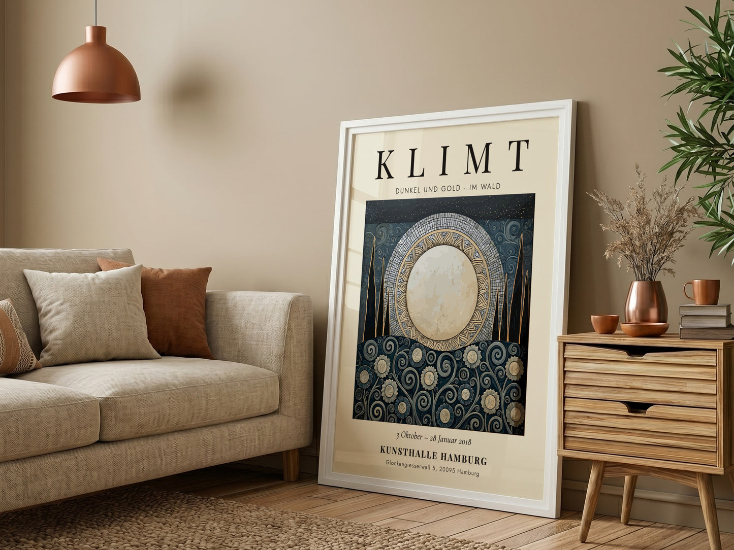 Dunkel und Gold poster featuring moonlit scene with floral patterns in gold and dark colors, inspired by