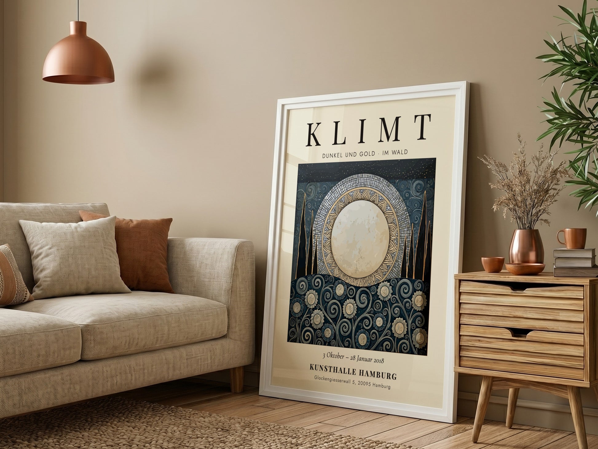Dunkel und Gold poster featuring moonlit scene with floral patterns in gold and dark colors, inspired by