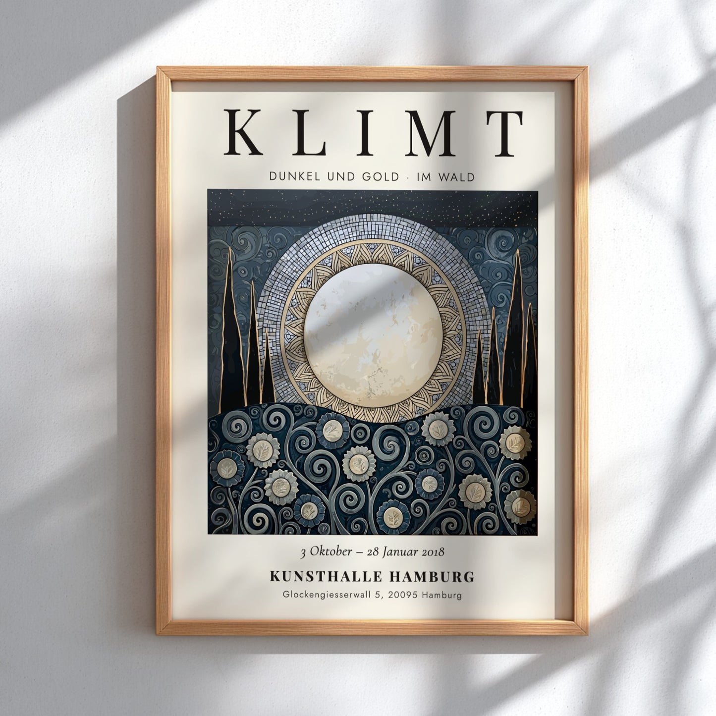 Dunkel und Gold poster featuring moonlit scene with floral patterns in gold and dark colors, inspired by