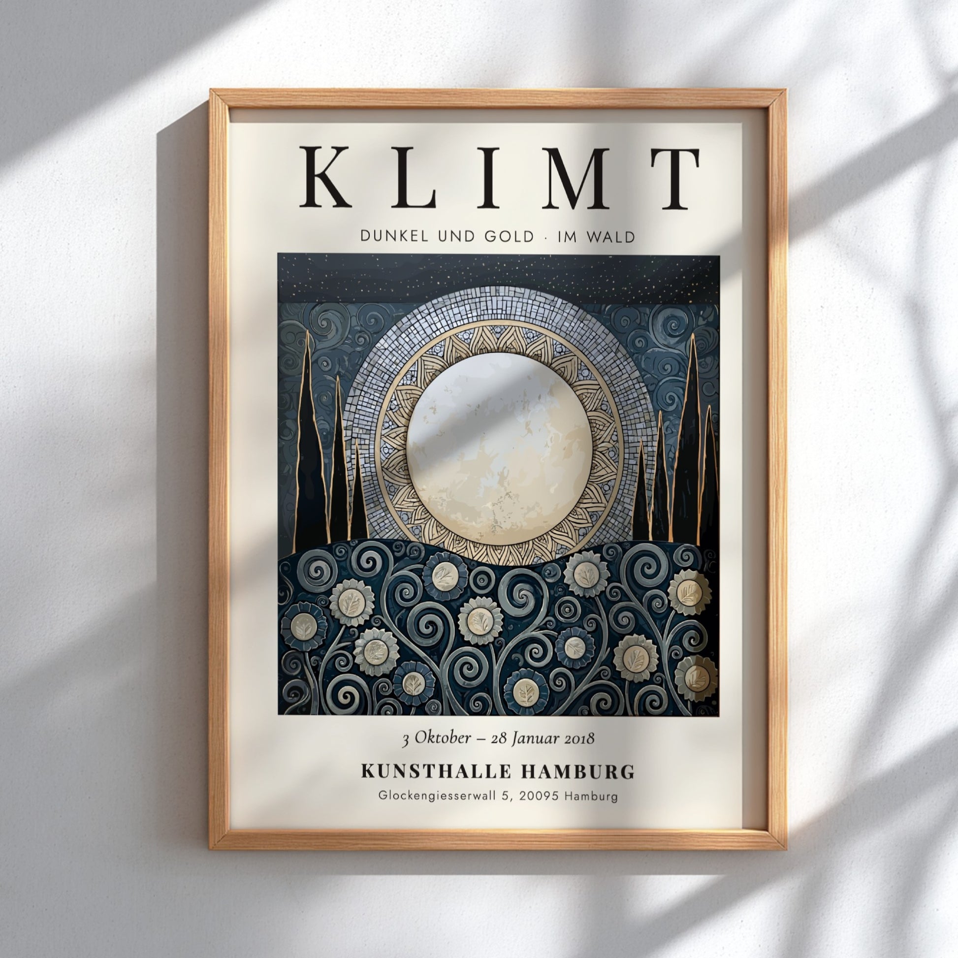 Dunkel und Gold poster featuring moonlit scene with floral patterns in gold and dark colors, inspired by