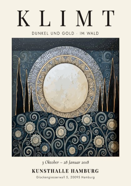 Dunkel und Gold poster featuring moonlit scene with floral patterns in gold and dark colors, inspired by