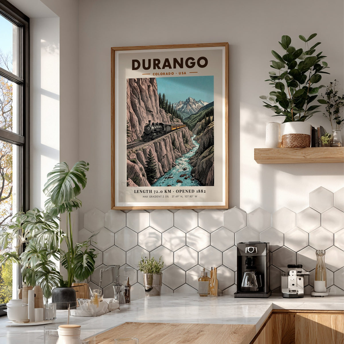 Poster of a steam train traveling along a cliffside in Durango Colorado mountains.