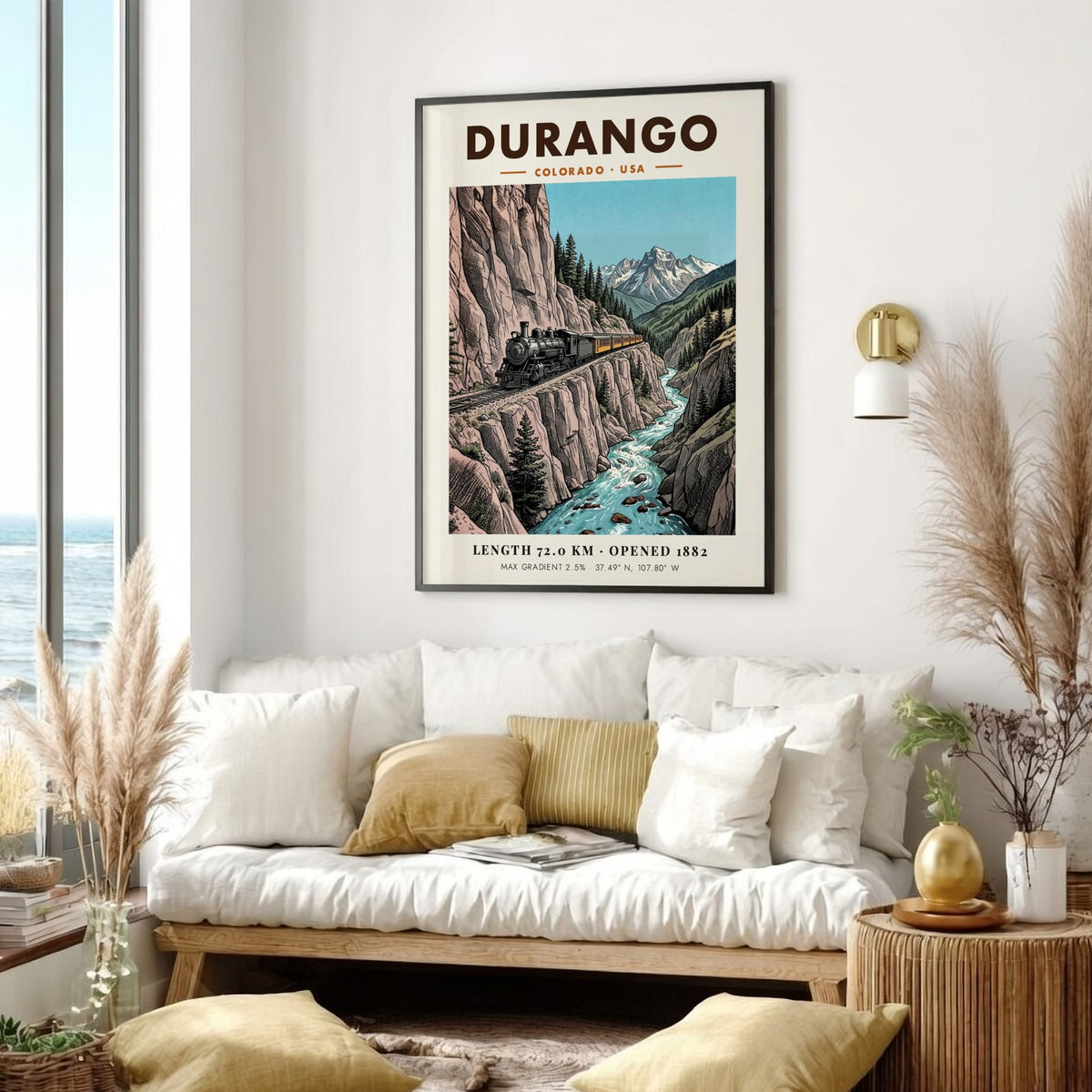Poster of a steam train traveling along a cliffside in Durango Colorado mountains.