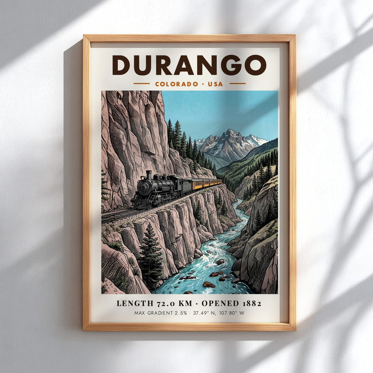 Poster of a steam train traveling along a cliffside in Durango Colorado mountains.