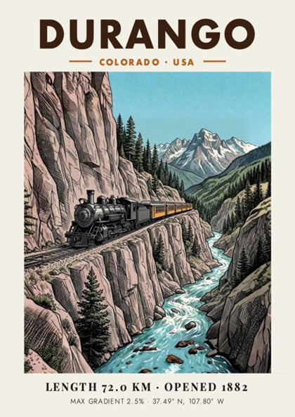 Poster of a steam train traveling along a cliffside in Durango Colorado mountains.