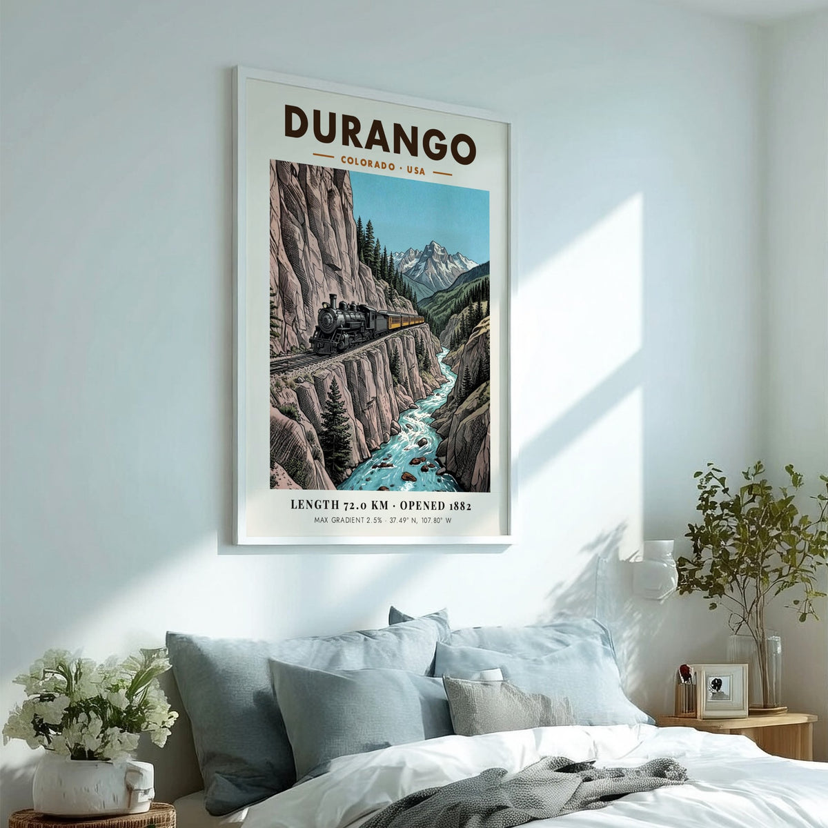 Poster of a steam train traveling along a cliffside in Durango Colorado mountains.