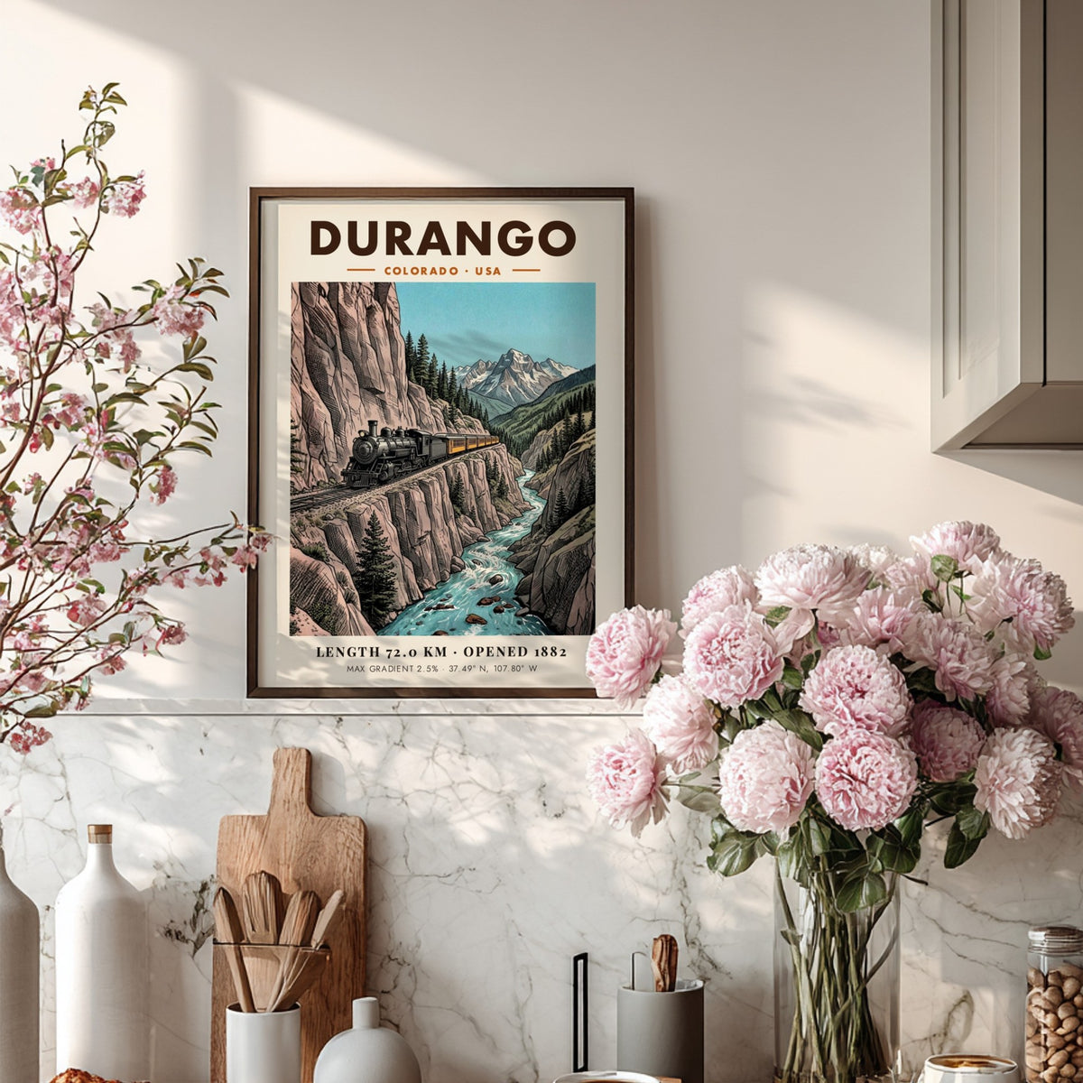 Poster of a steam train traveling along a cliffside in Durango Colorado mountains.
