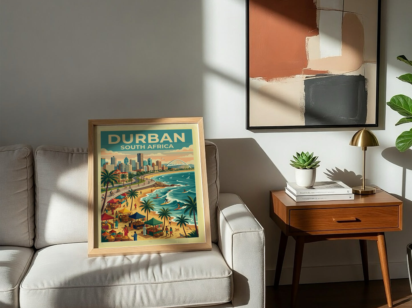 Travel poster of Durban South Africa featuring a coastal skyline and busy beach